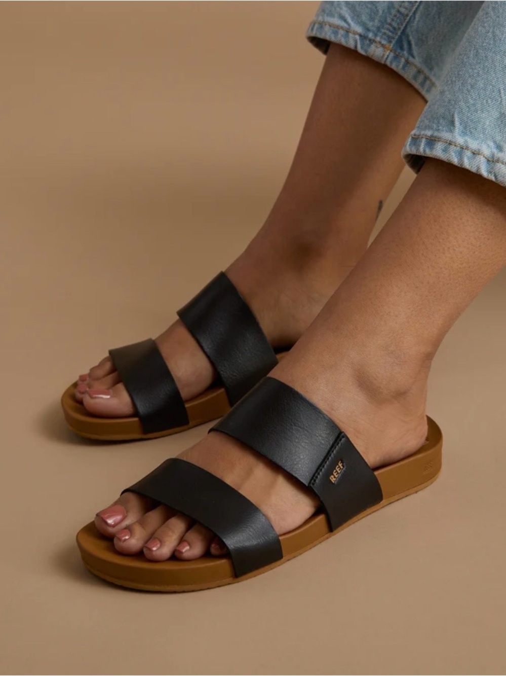 Reef Women's Kaia Black Double-Strap Slide Sandal with Tan Footbed NWT